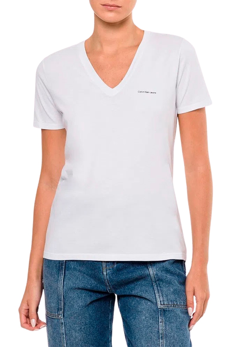 Camiseta Calvin Klein Jeans Gola V Feminina Branco