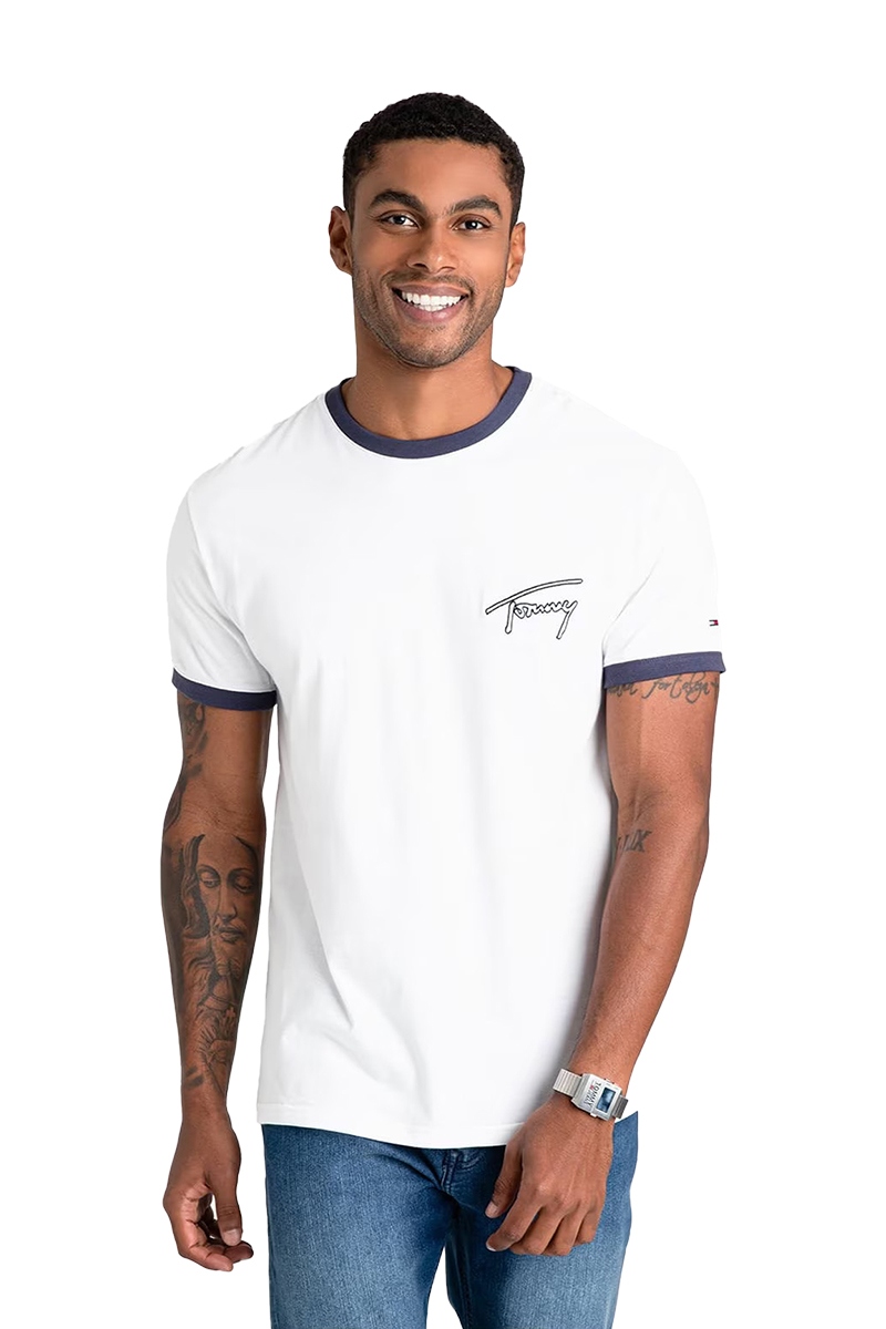 Camiseta Tommy Jeans Signature Ringer Tee Masculina Branco