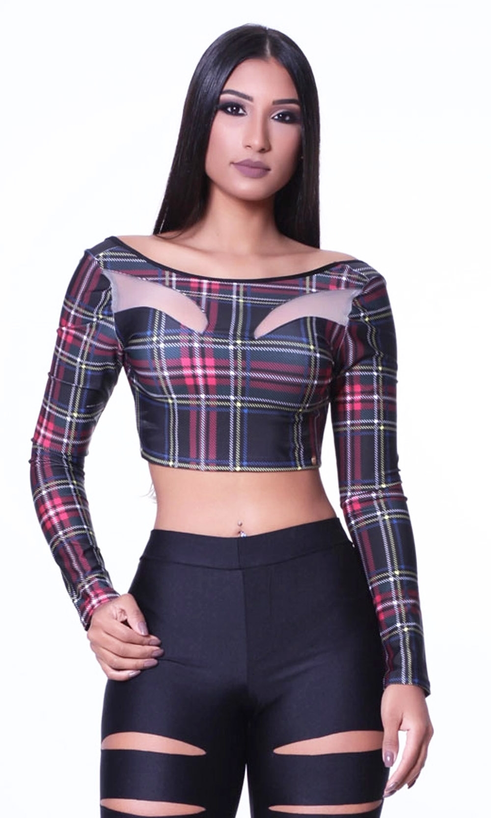 BLUSA TOP CROPPED MESH PLAID XADREZ