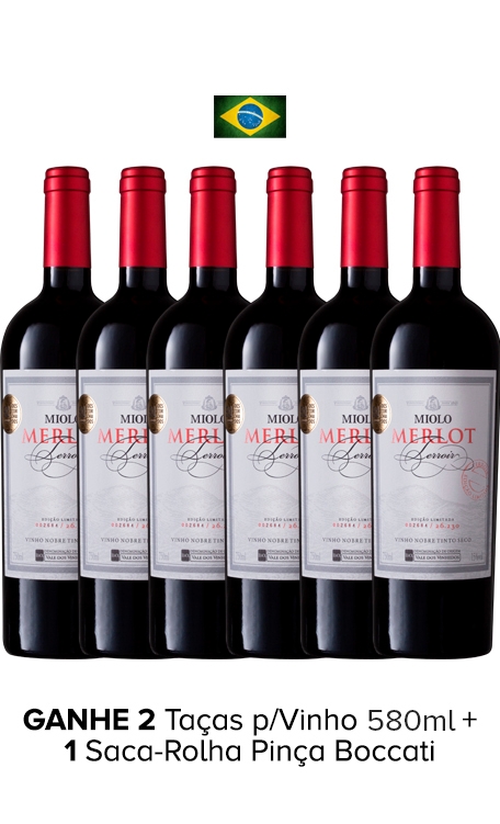 Combo Miolo Merlot Terroir (6 garrafas) + 2 Taças de Cristal + Saca-Rolha